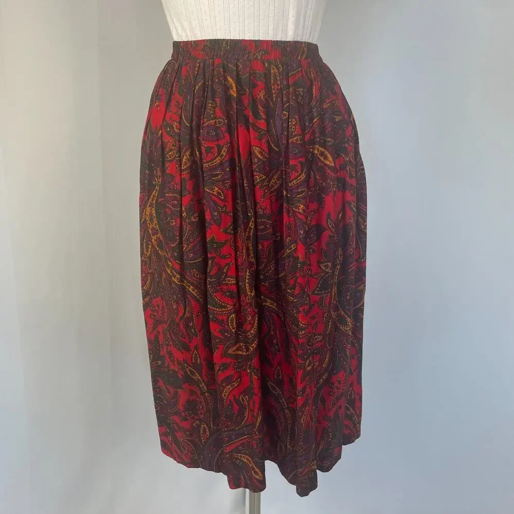 Vintage Midi Skirt Size 10 Red Paisley Pleated A Line Retro Preppy Academia 90s